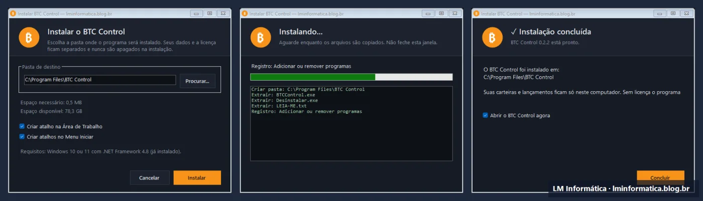 Instalador do BTC Control em três etapas: escolher a pasta, copiar os arquivos e concluir