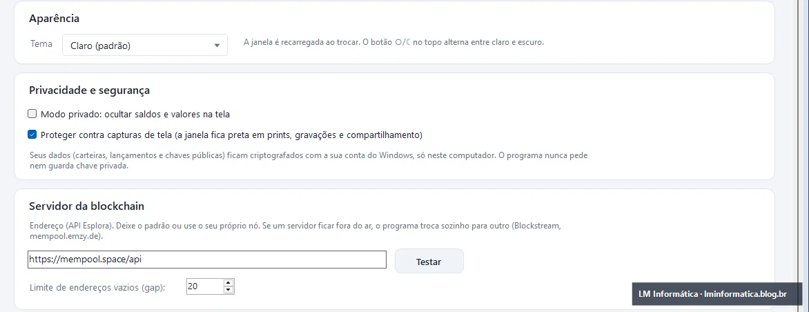 Configurações do BTC Control com tema, modo privado e proteção contra capturas de tela