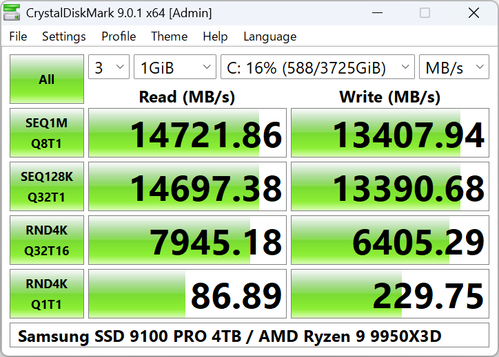 Interface do CrystalDiskMark 9 mostrando os testes de leitura e escrita sequencial e aleatória