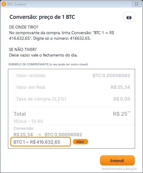 Janela de ajuda do BTC Control mostrando em qual linha do comprovante da corretora está a cotação