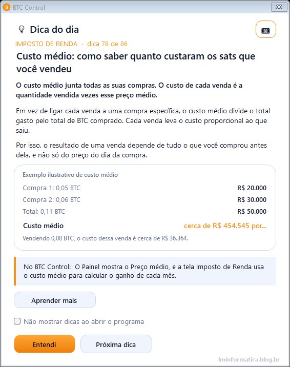 Dica do dia do BTC Control explicando o custo médio com exemplo de duas compras