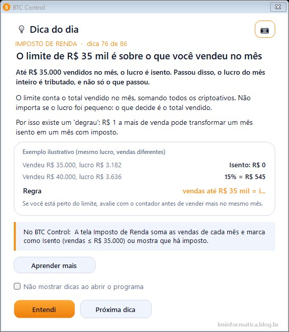 Dica do dia do BTC Control sobre o limite de R$ 35 mil de vendas no mês
