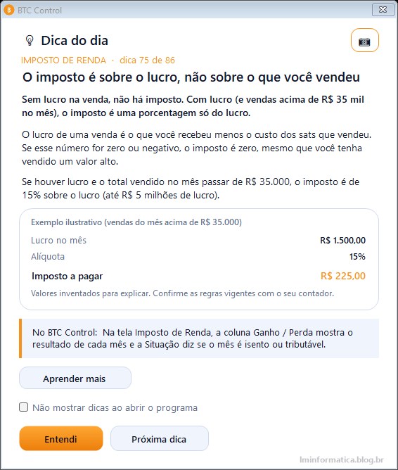 Dica do dia do BTC Control explicando que o imposto é sobre o lucro