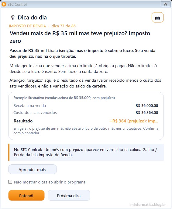 Dica do dia do BTC Control sobre vender acima de R$ 35 mil com prejuízo