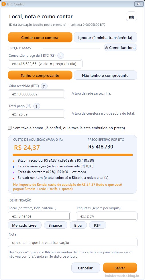 Formulário da transação do BTC Control com as opções Tenho o comprovante e Não tenho o comprovante, mostrando o custo de aquisição para o IR