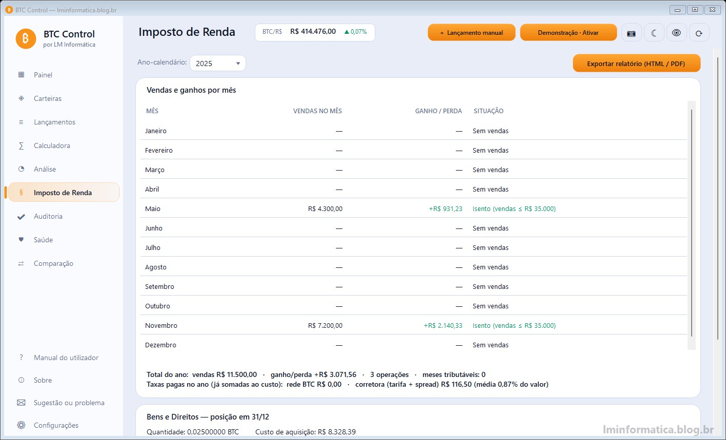 Tela Imposto de Renda do BTC Control com vendas por mês, ganho ou perda, situação de isenção e taxas pagas no ano (dados de exemplo)
