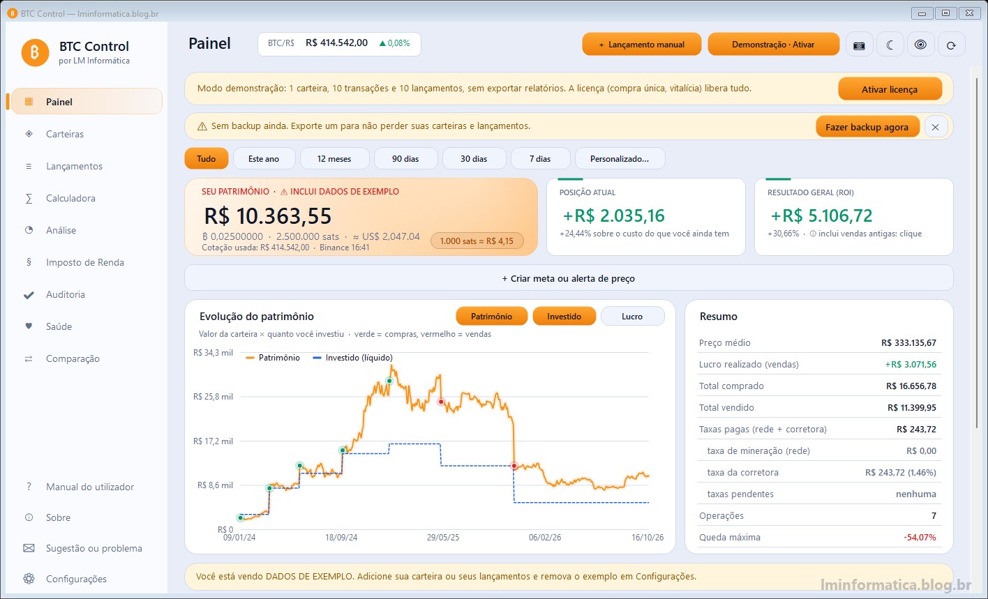 Painel do BTC Control com saldo, resultado, preço médio e evolução do patrimônio (dados de exemplo)