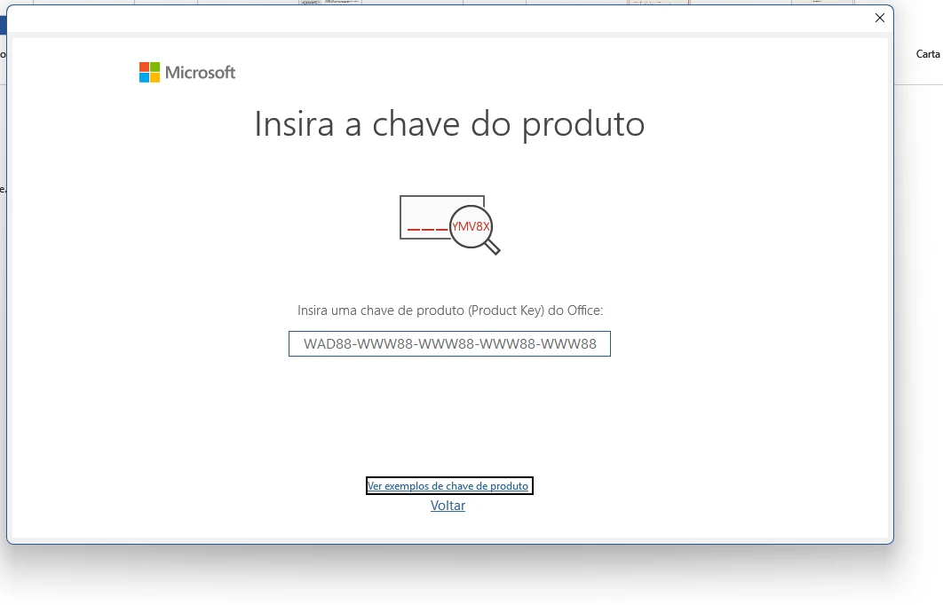 Tela Insira a chave do produto do Office com campo de cinco grupos de caracteres