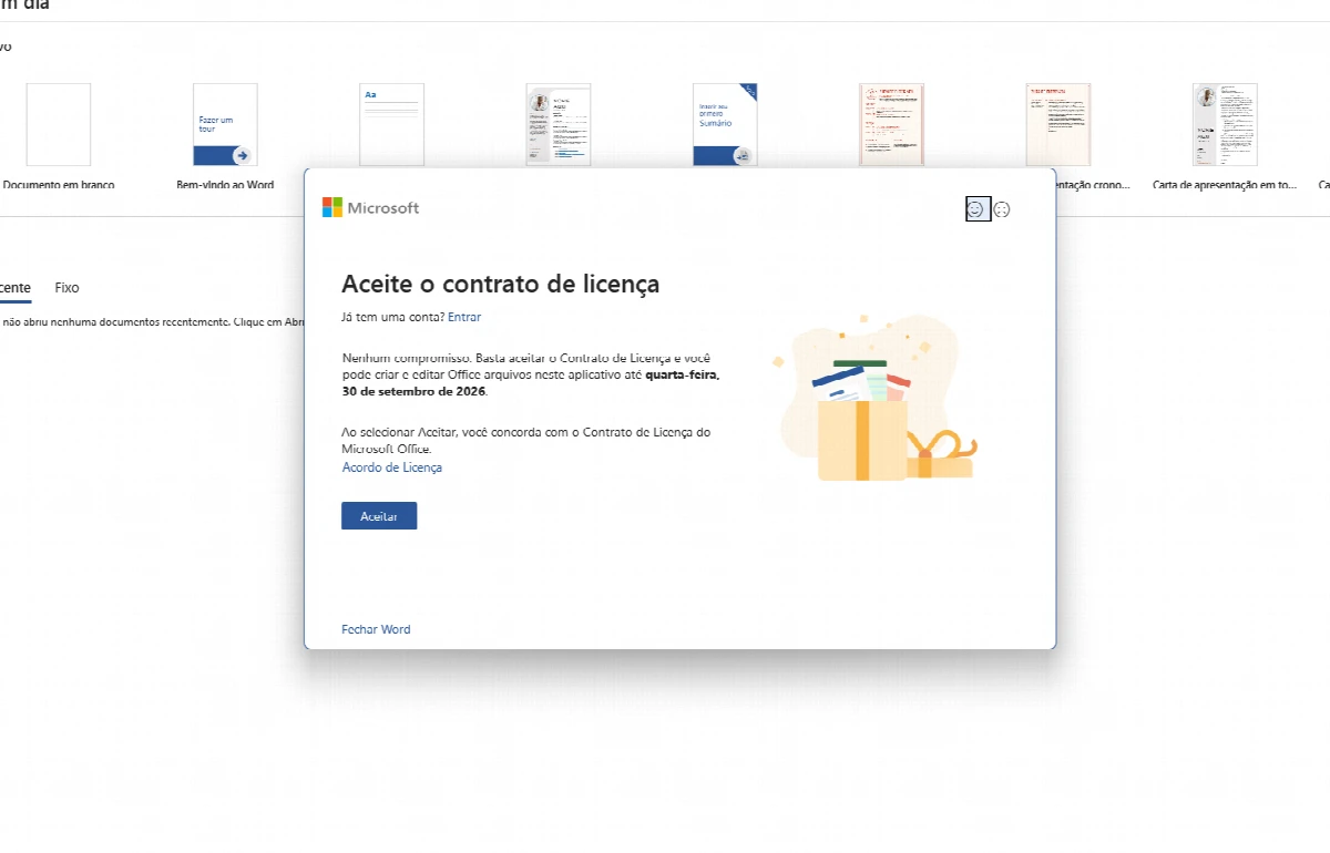 Tela Aceite o contrato de licença do Microsoft Office no Word, em português do Brasil, com prazo de avaliação