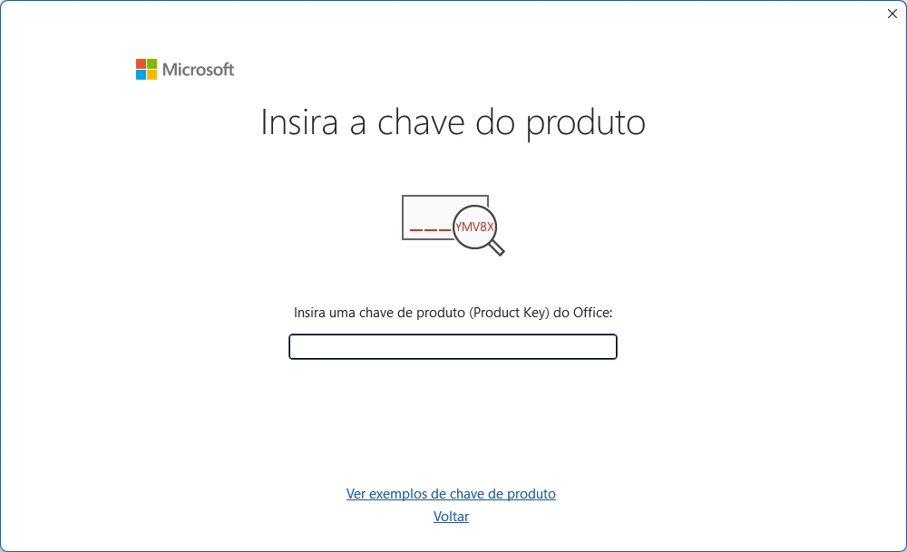 Tela Insira a chave do produto do Office com o campo para digitar
