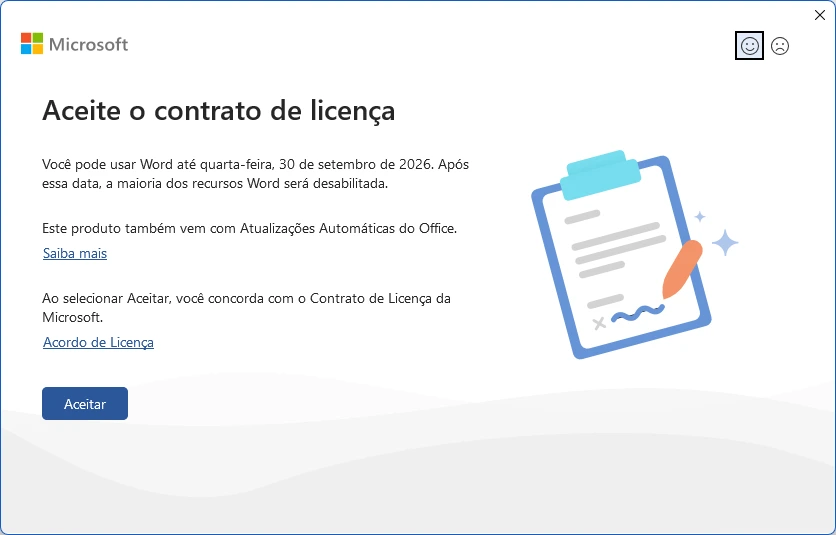 Tela Aceite o contrato de licença do Office 2024 com o prazo de avaliação