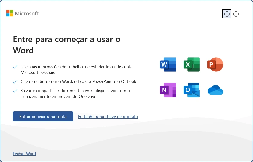 Tela Entre para começar a usar o Word com a opção Eu tenho uma chave de produto
