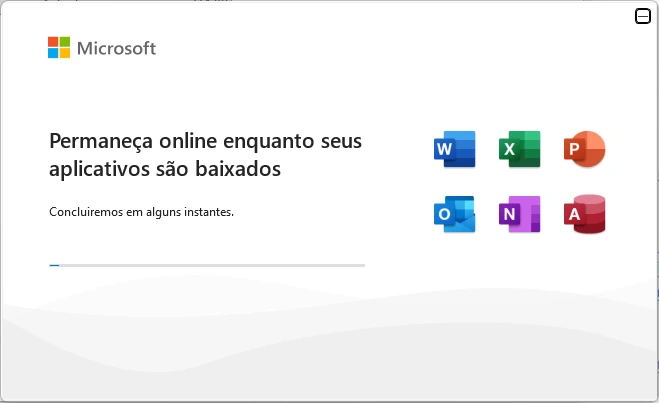 Instalador do Office 2024 em português do Brasil com a mensagem Permaneça online enquanto seus aplicativos são baixados