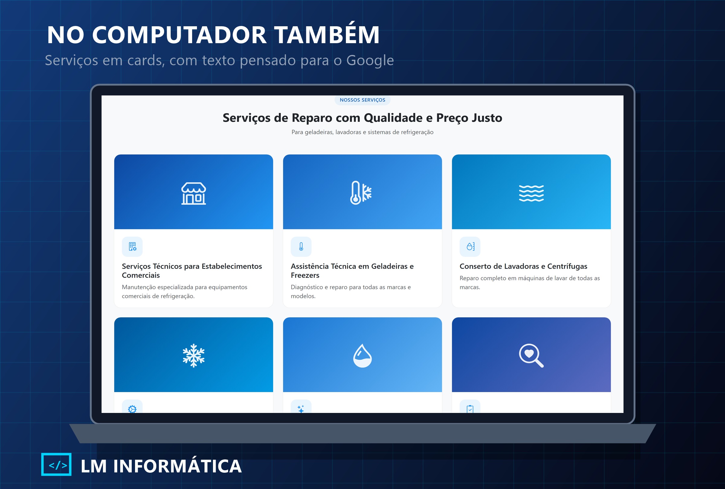 Seção de serviços do site do Preço Justo Refrigeração exibida em um notebook