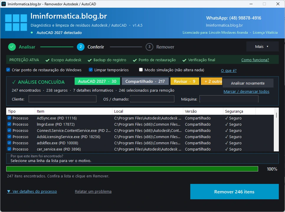 Clique para ampliar Removedor Autodesk 1.4.5 com a análise concluída mostrando os selos AutoCAD 2027, Compartilhado e Revisar