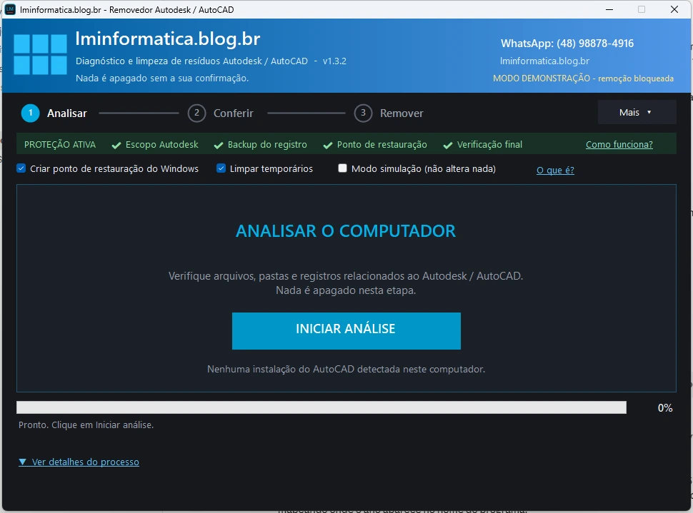 Clique para ampliar Tela inicial do Removedor Autodesk com os passos Analisar, Conferir e Remover