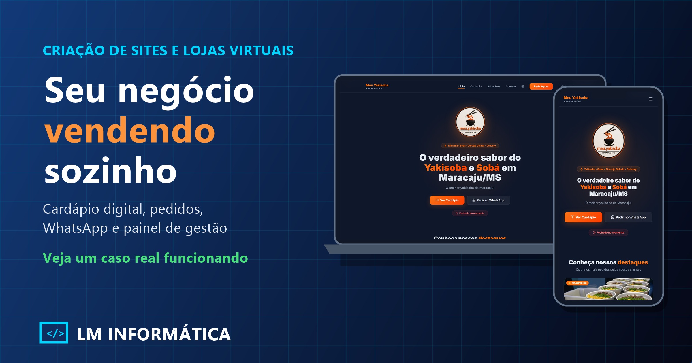 Site e cardápio digital do Meu Yakisoba, em Maracaju/MS, no computador e no celular