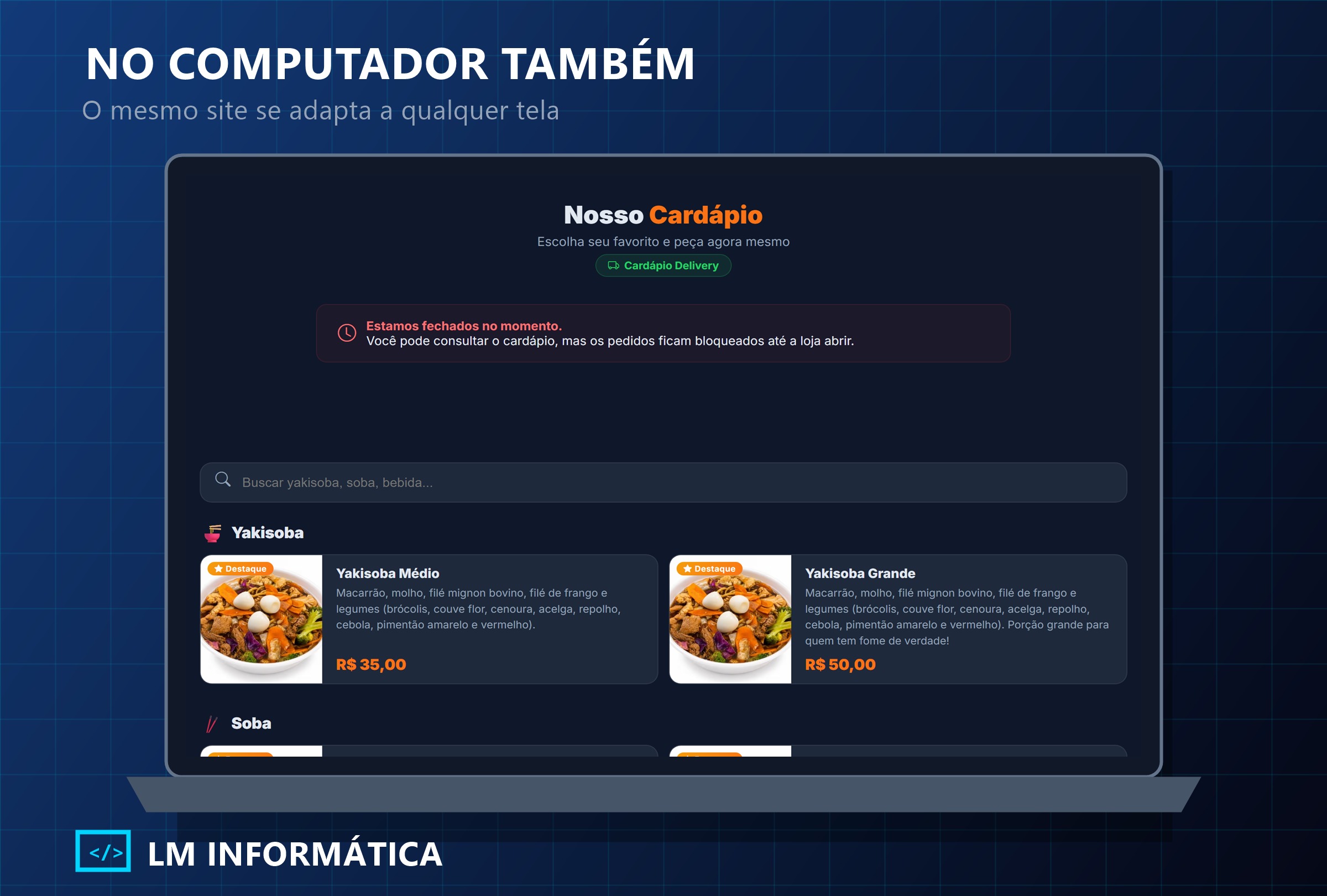 Cardápio digital do Meu Yakisoba exibido em um notebook