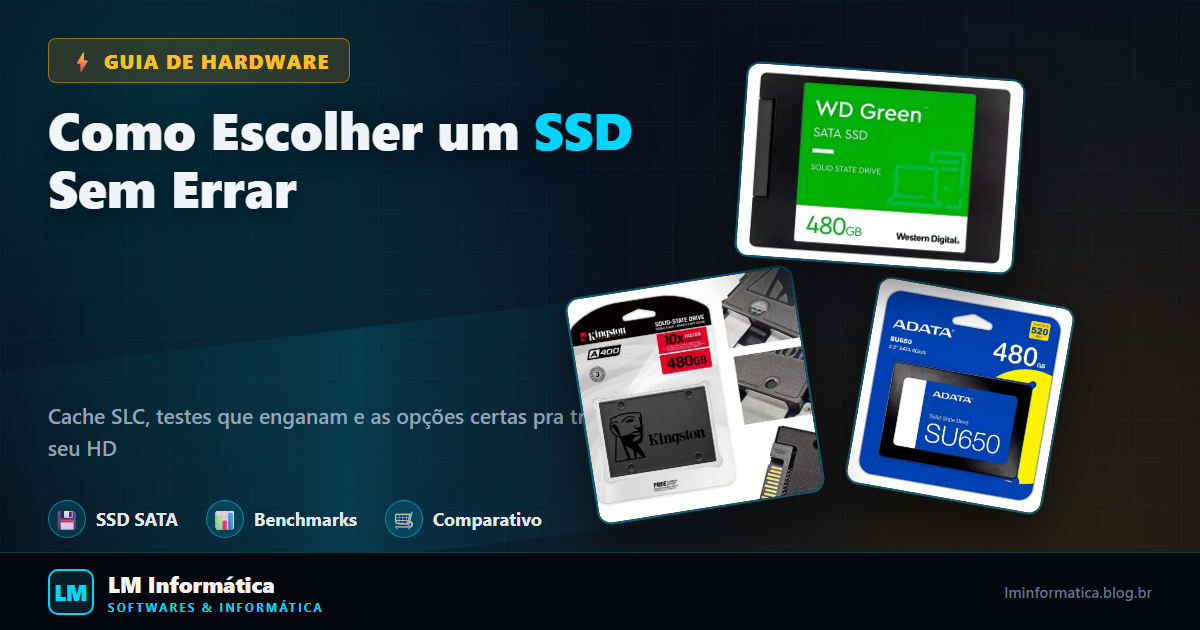 Capa do artigo: como escolher um SSD sem errar — SSDs Kingston A400, WD Green e Adata SU650