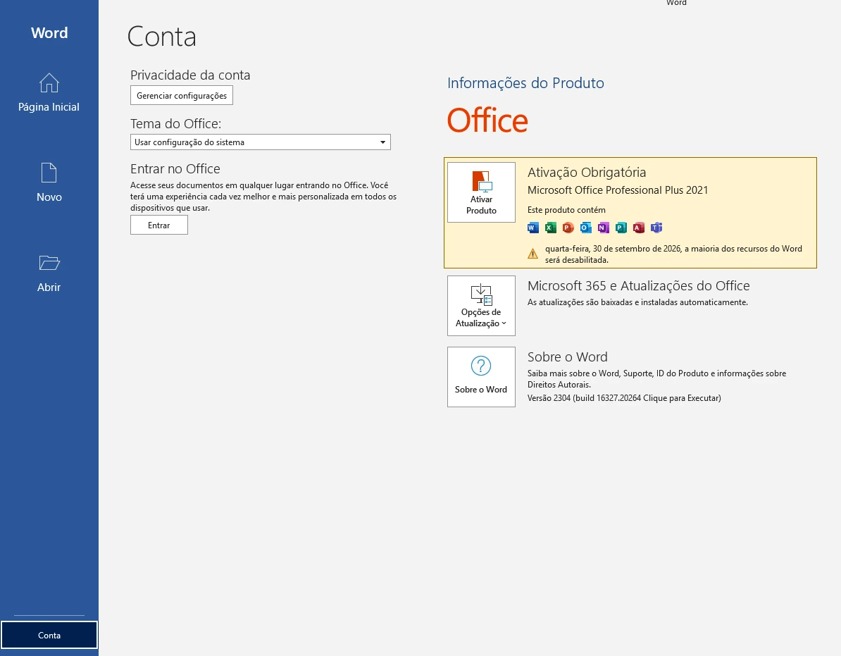 Tela Conta do Word mostrando Microsoft Office Professional Plus 2021 com Word, Excel, PowerPoint, Outlook, OneNote, Publisher, Access e Teams e o botão Ativar Produto