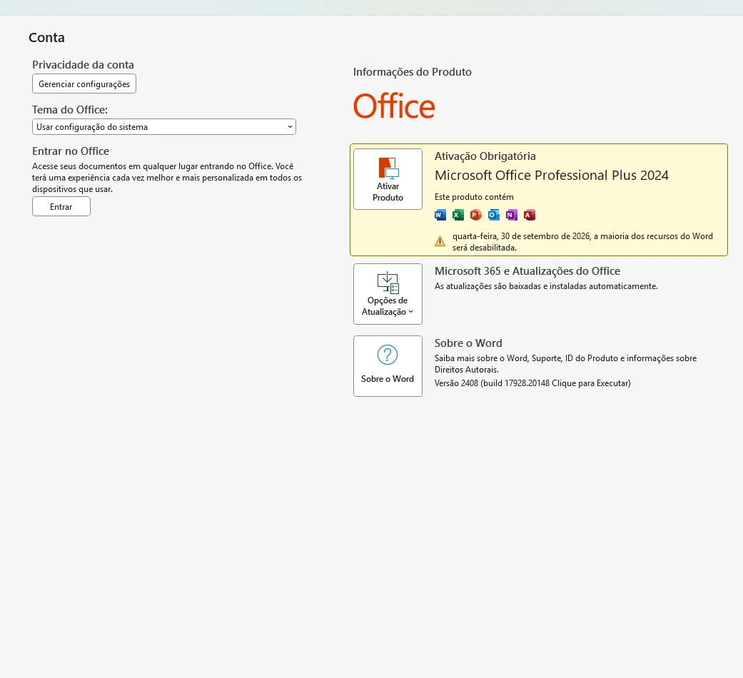 Tela Conta do Word mostrando Microsoft Office Professional Plus 2024 com Word, Excel, PowerPoint, Outlook, OneNote e Access e o botão Ativar Produto