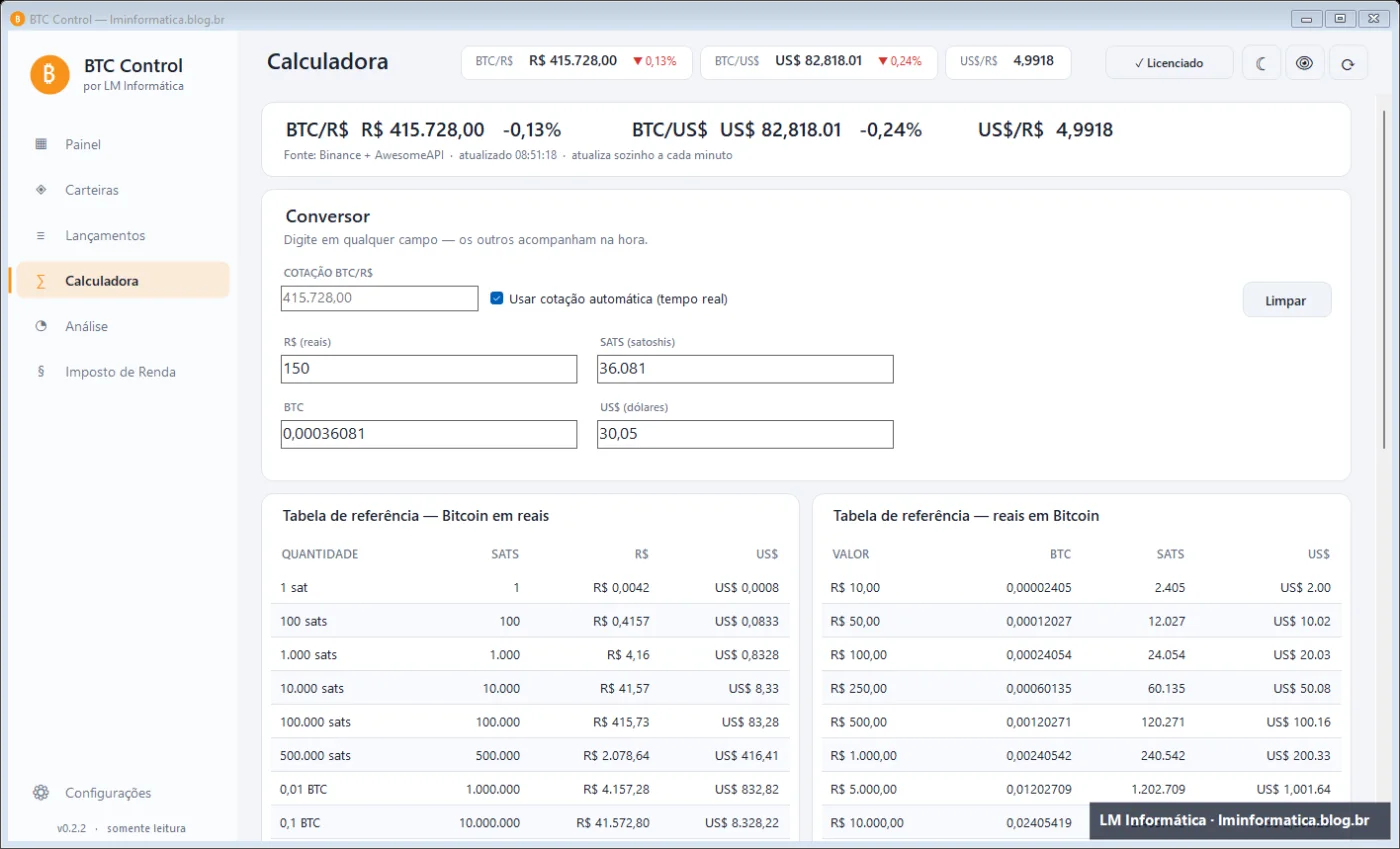 Calculadora do BTC Control convertendo R$ 150 em sats, BTC e dólares, com tabelas de referência