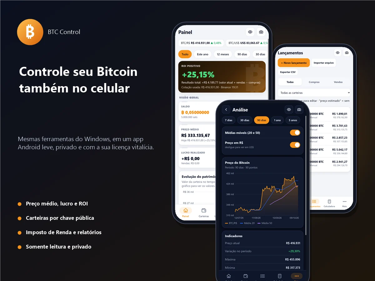 BTC Control para Android: painel, lançamentos e análise no celular