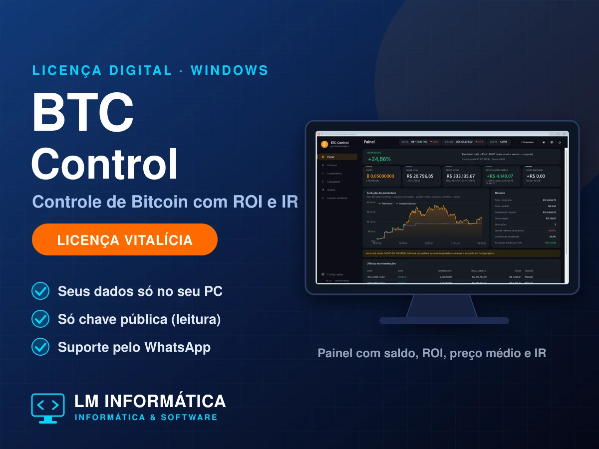 BTC Control para Windows: Controle de Bitcoin, ROI e Preço Médio