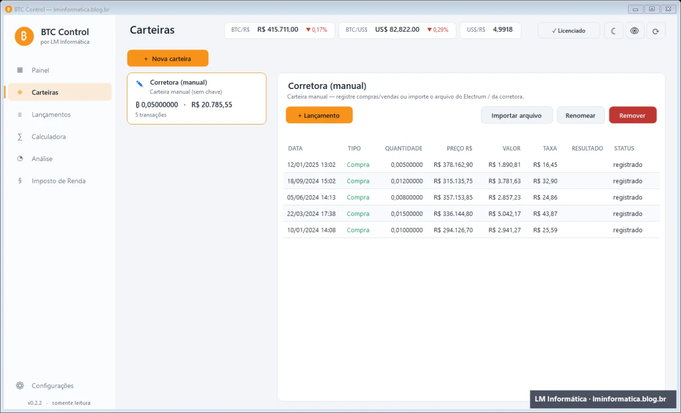 Tela Carteiras do BTC Control com uma carteira manual e as transações registradas (dados de exemplo)