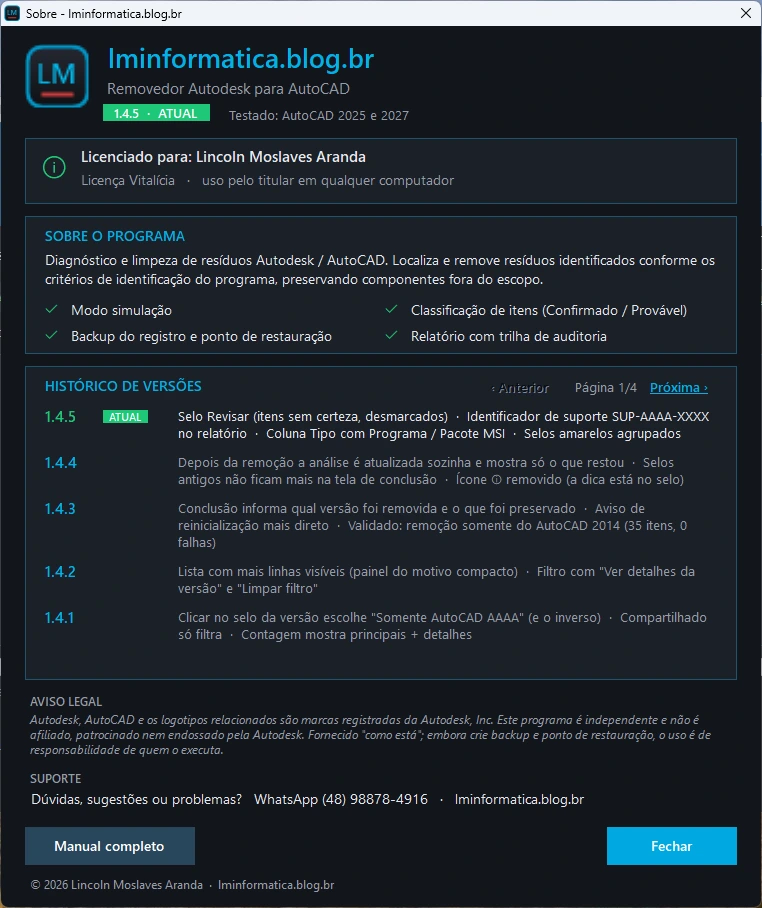 Janela Sobre do Removedor Autodesk versão 1.4.5 com histórico de versões